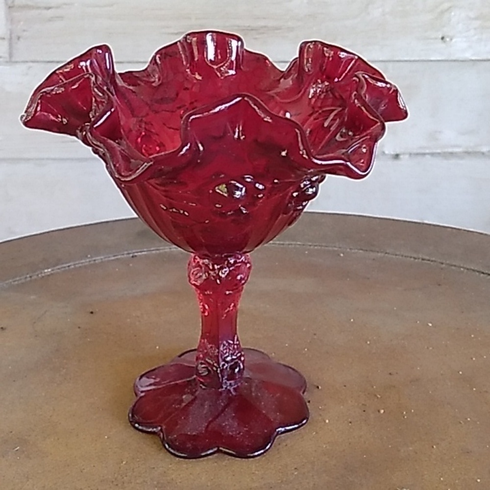 Vintage red Fenton cabbage rose compote bowl dish
